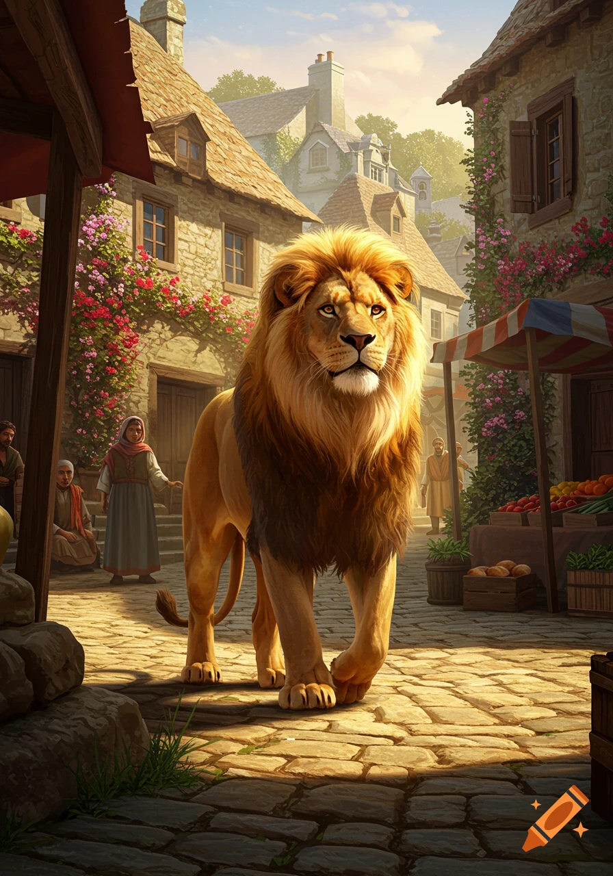 A majestic lion walks down a cobblestone street in a sunny, detailed village with market stalls and people in the background.