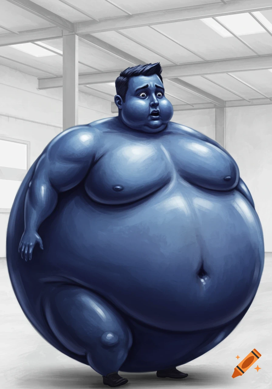 A nervous and confused man with dark blue skin inflated into a gigantic blueberry in a white empty warehouse.