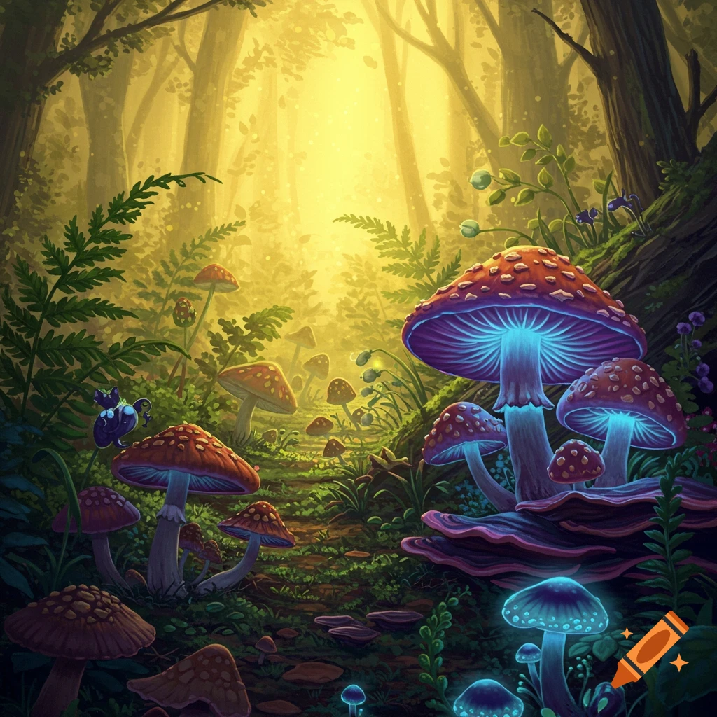 A magical fantasy forest scene with many glowing mushrooms and a path under a bright, ethereal light.