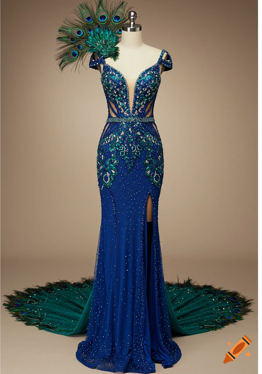 A glamorous royal blue gown on a mannequin, adorned with green and blue beads, a leg slit, and peacock feathers.