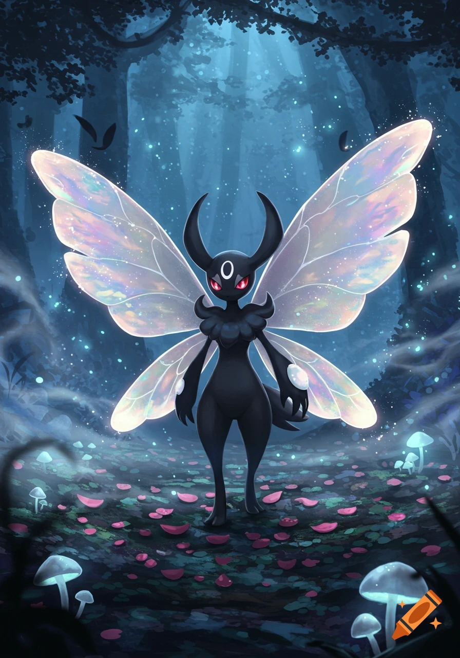 A dark, fairy-like creature with large, iridescent wings and red eyes stands in a mystical, glowing forest with blue mushrooms.