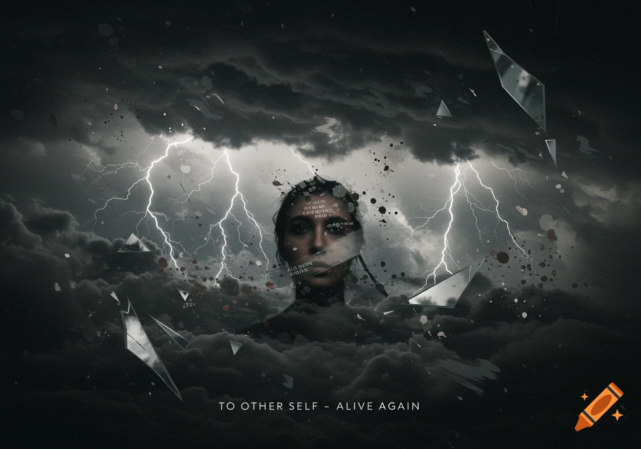A dramatic, dark portrait of a woman's head emerging from stormy clouds with lightning, shattered glass, and faint text textures.