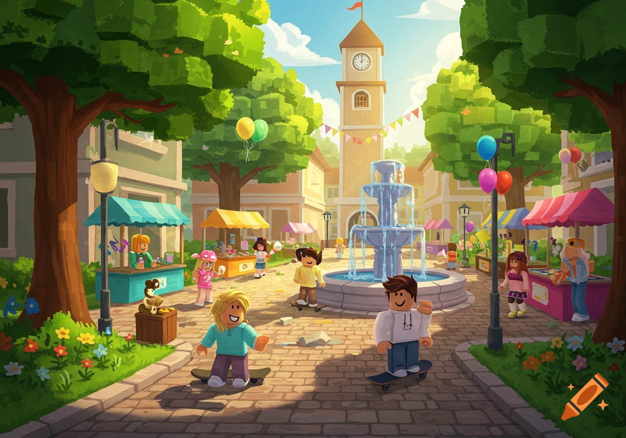 Cartoon illustration of a bustling town square with blocky characters, market stalls, a central fountain, and a clock tower in the background, in a Roblox-like style.