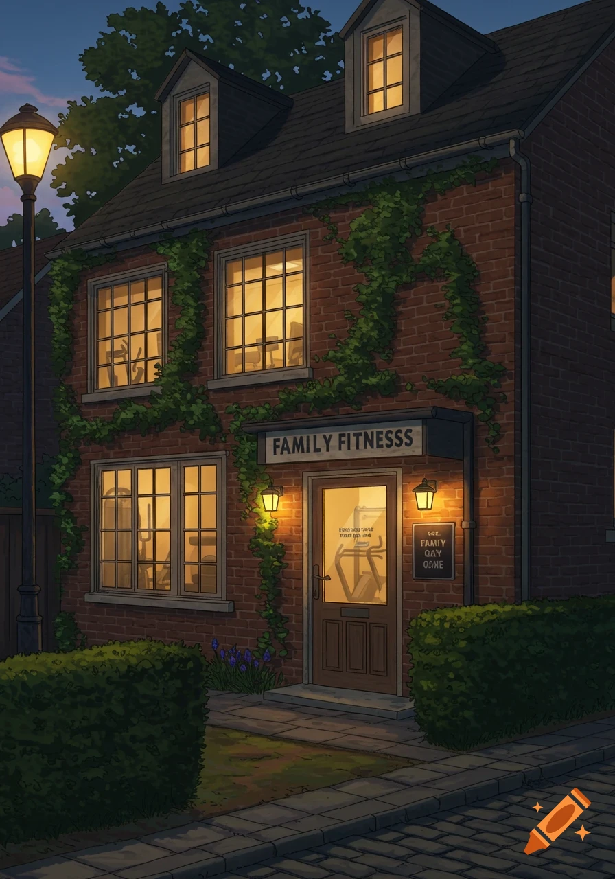An illustration of a brick building with illuminated windows and a sign reading "FAMILY FITNESSS," indicating a gym, at dusk. Ivy grows on the walls, and a street lamp is visible to the left.