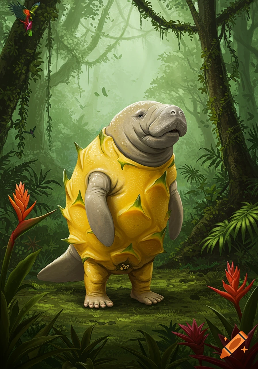 A manatee with human feet wears a yellow dragon fruit costume, standing in a lush rainforest with a colorful bird flying above.