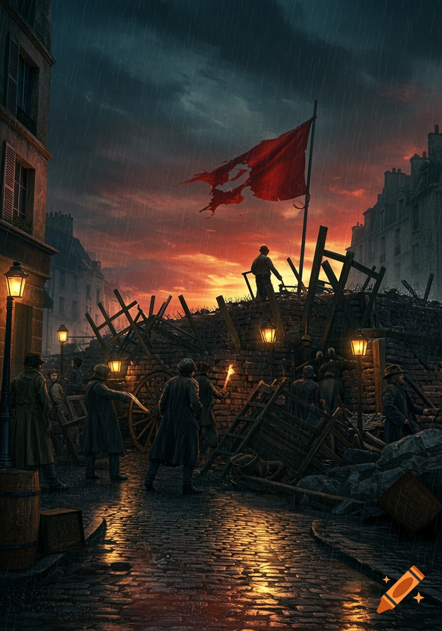 A dramatic painting of a revolutionary barricade in a rainy city street at sunset, with a torn red flag flying above the figures.