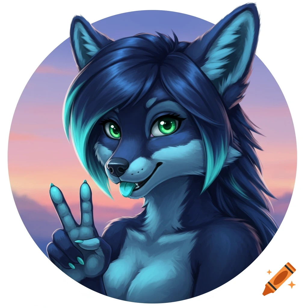 Anthropomorphic dark blue fox with aqua hair and green eyes, holding up a peace sign in a stylized illustration against a sunset background.