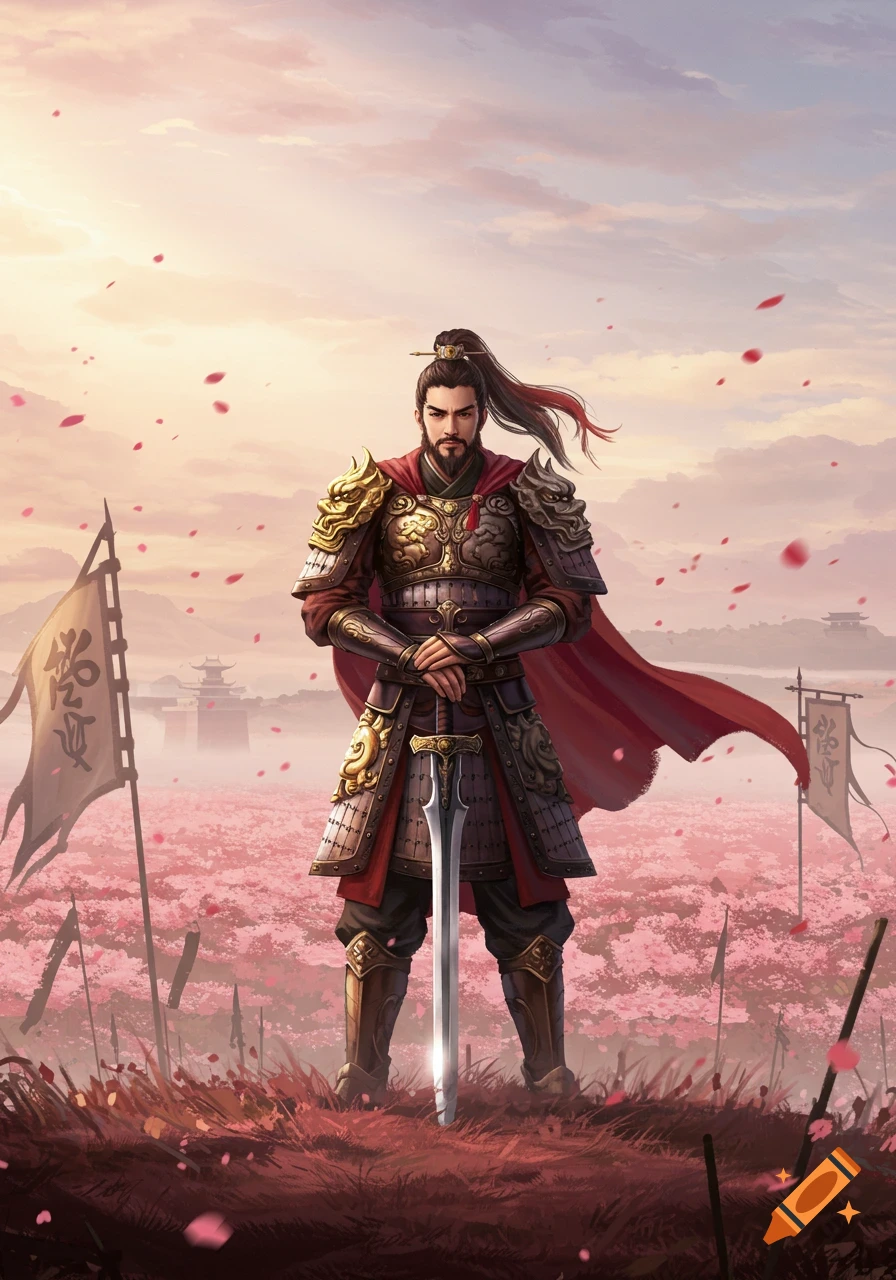 A Chinese warrior in ornate armor and a red cape stands with a sword in a field of pink flowers under a vast sky.