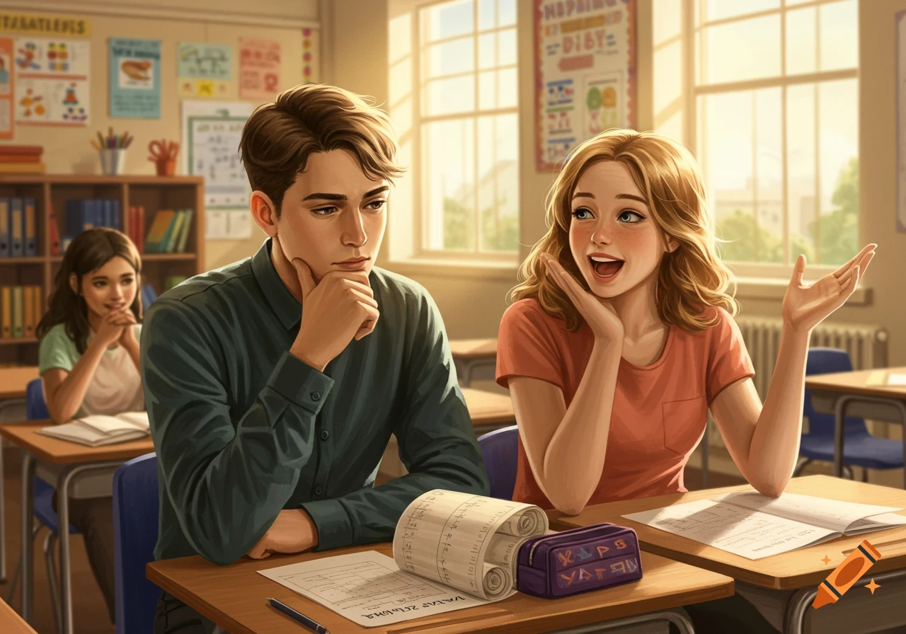 A boy and a girl sit at desks in a sunlit classroom. The girl on the right gestures animatedly while talking, and the boy listens thoughtfully.