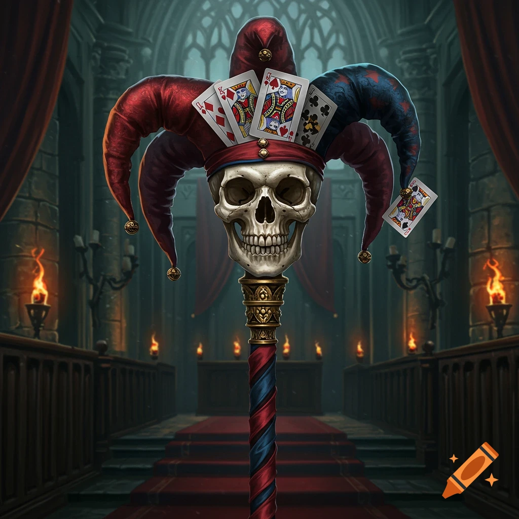 A skull on a staff wears a jester hat adorned with playing cards in a dark, gothic hall with torches.