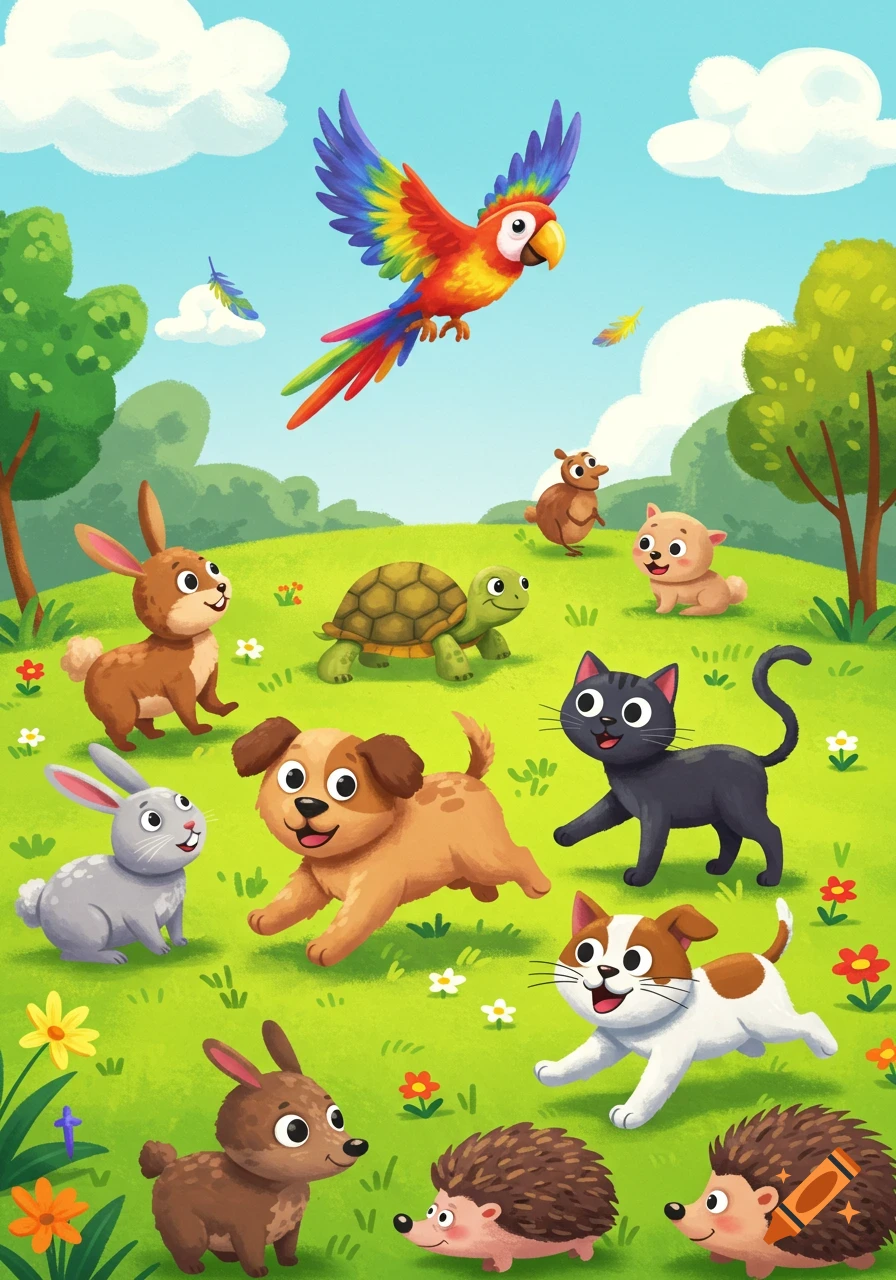 Cute cartoon illustration of a colorful parrot flying above a playful dog, cats, rabbits, a turtle, and hedgehogs on a green hill.