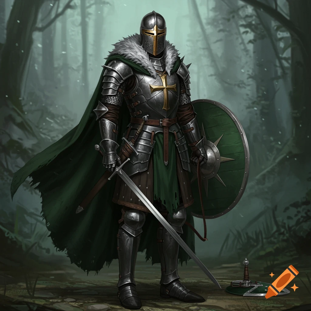 A heavily armored knight with a green cape, sword, and shield stands in a misty forest.