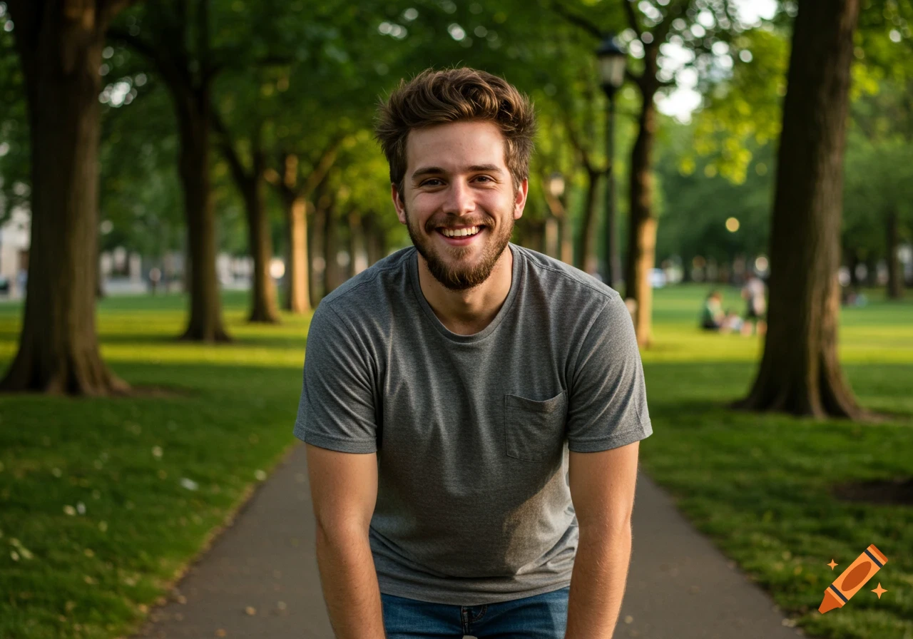 A smiling young man with a beard and brown hair wears a grey t-shirt and jeans, standing on a path in a sunny park with trees.