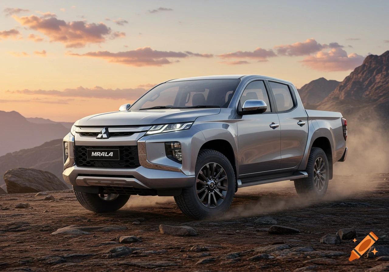 A silver pickup truck drives on a dusty, rocky terrain at sunset with mountains in the background, photorealistic.