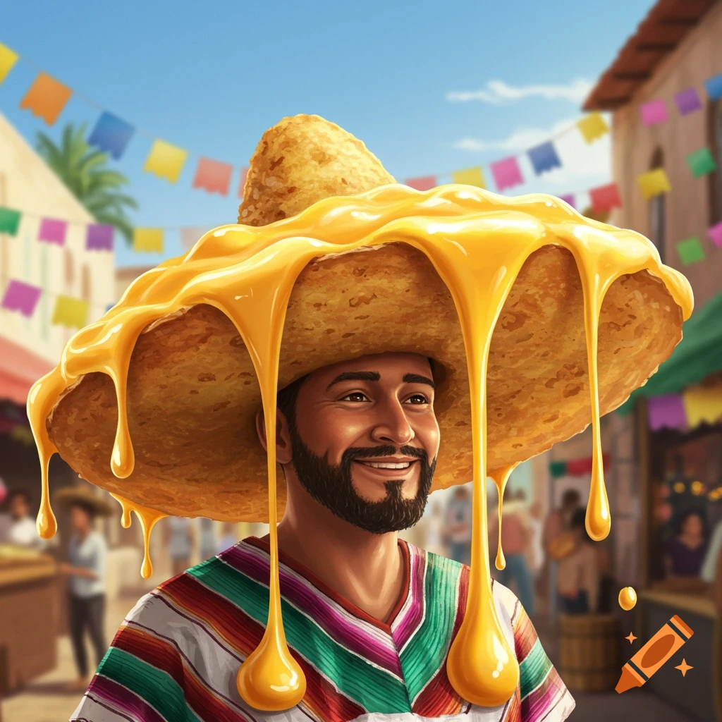 Smiling man wearing a large tortilla sombrero covered in dripping nacho cheese in a colorful market.