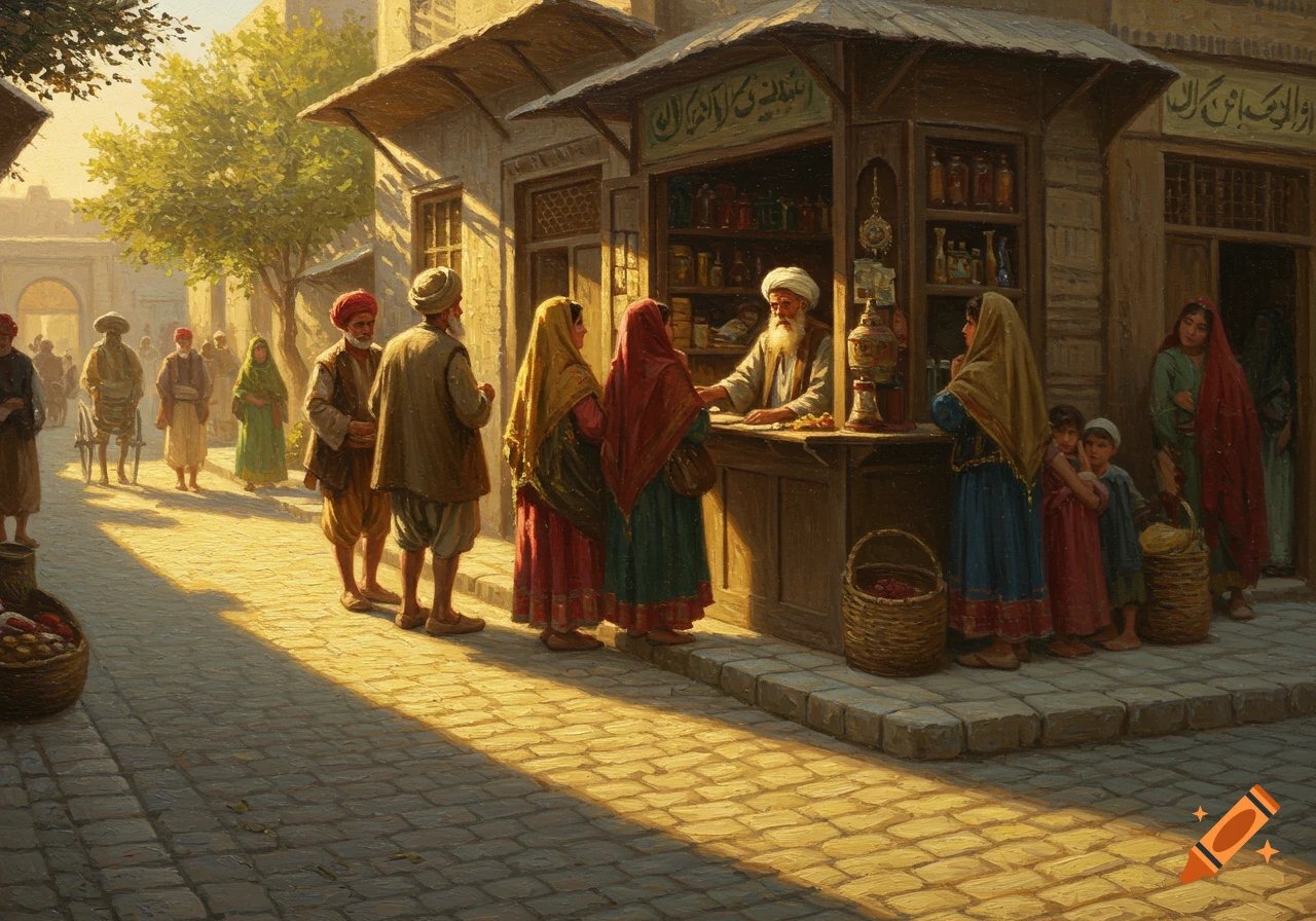 Oil painting of a bustling Qajar-era street scene with a shopkeeper, customers, and children in golden hour light.