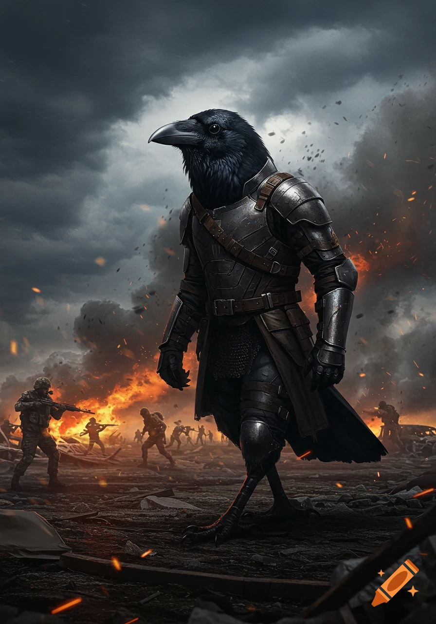 A heavily armored crow soldier walks through a fiery, smoke-filled battlefield with dissolving human soldiers in the background.