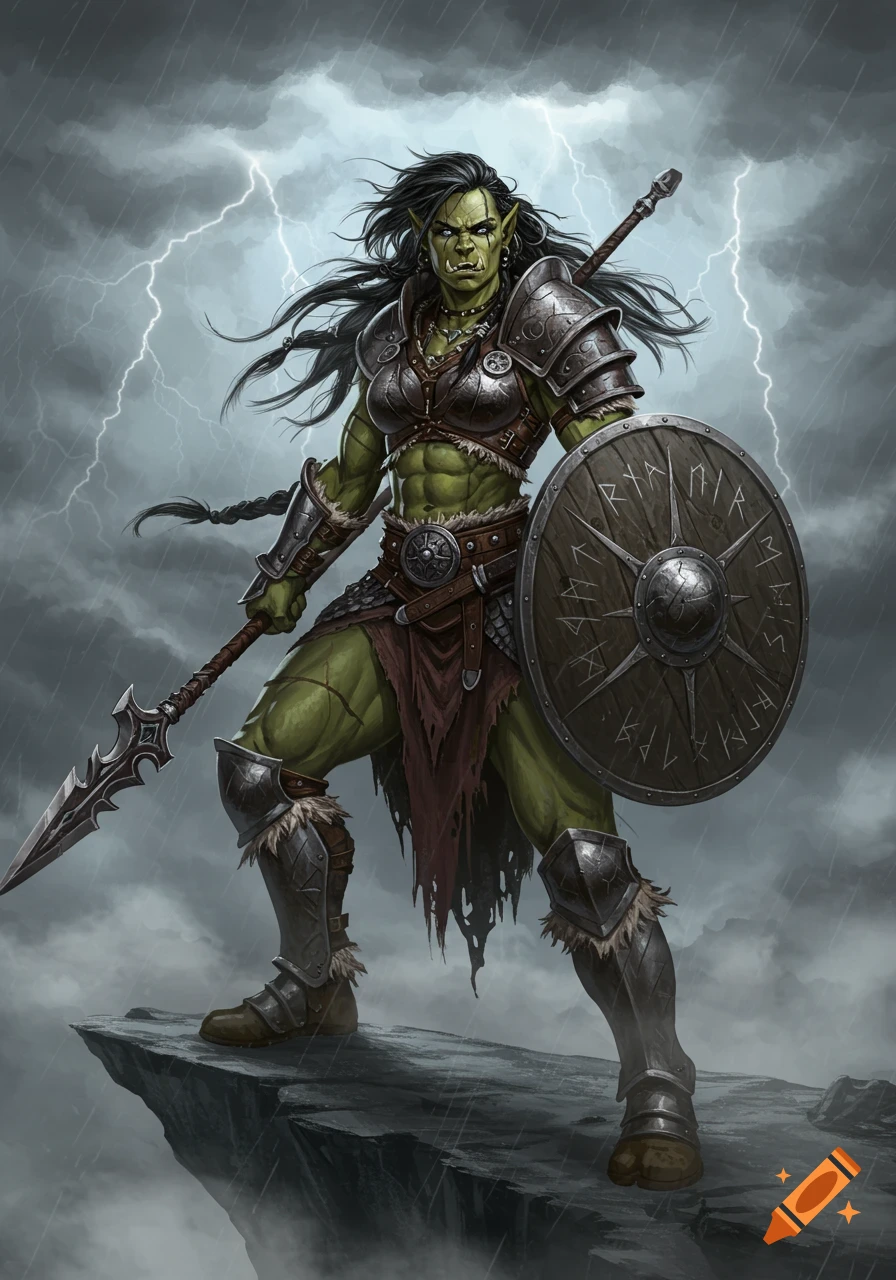 A green-skinned female orc warrior in armor stands on a cliff, holding a spear and a shield with runes under a stormy, lightning-filled sky.