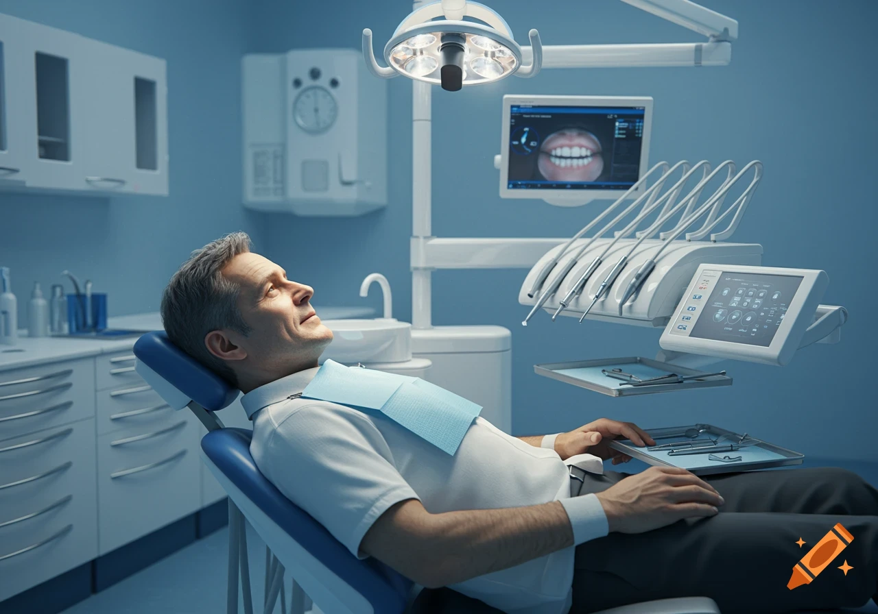A man in a dental chair with a blue bib, surrounded by modern dental equipment and screens in a photorealistic dental office.