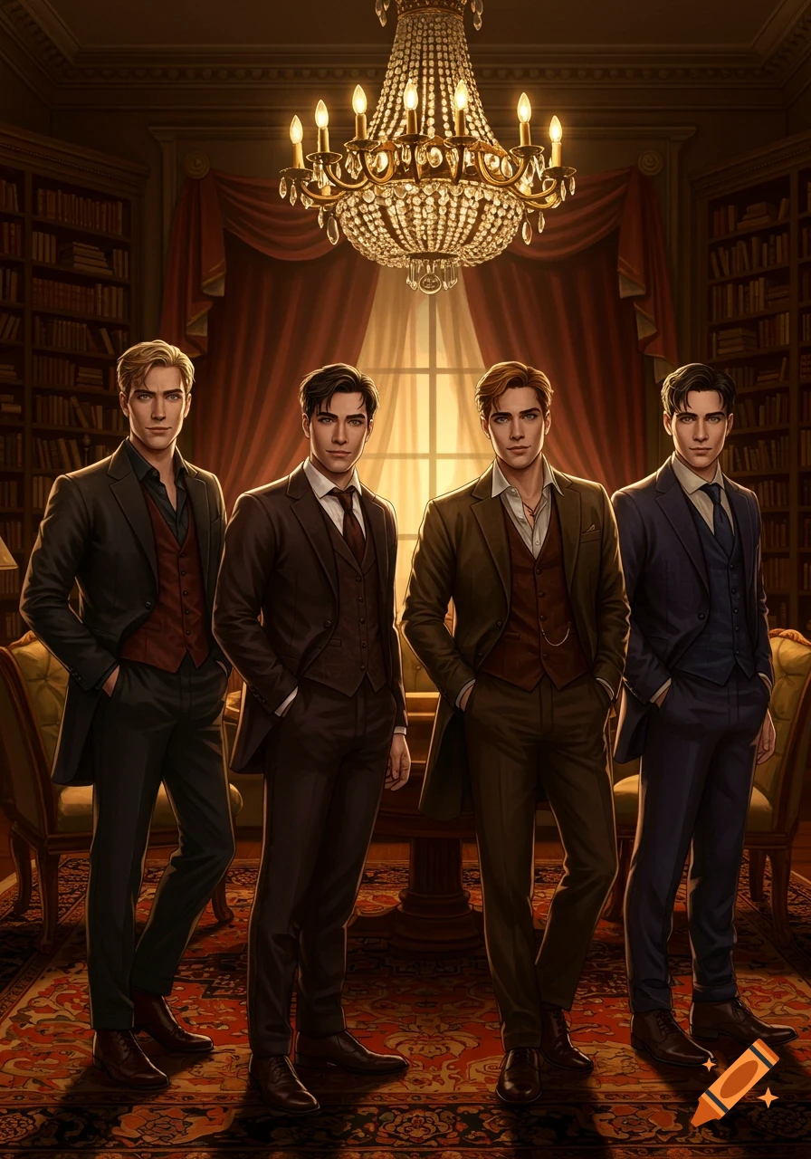 Four elegant young men in suits stand in a dimly lit, richly decorated library with a grand chandelier.