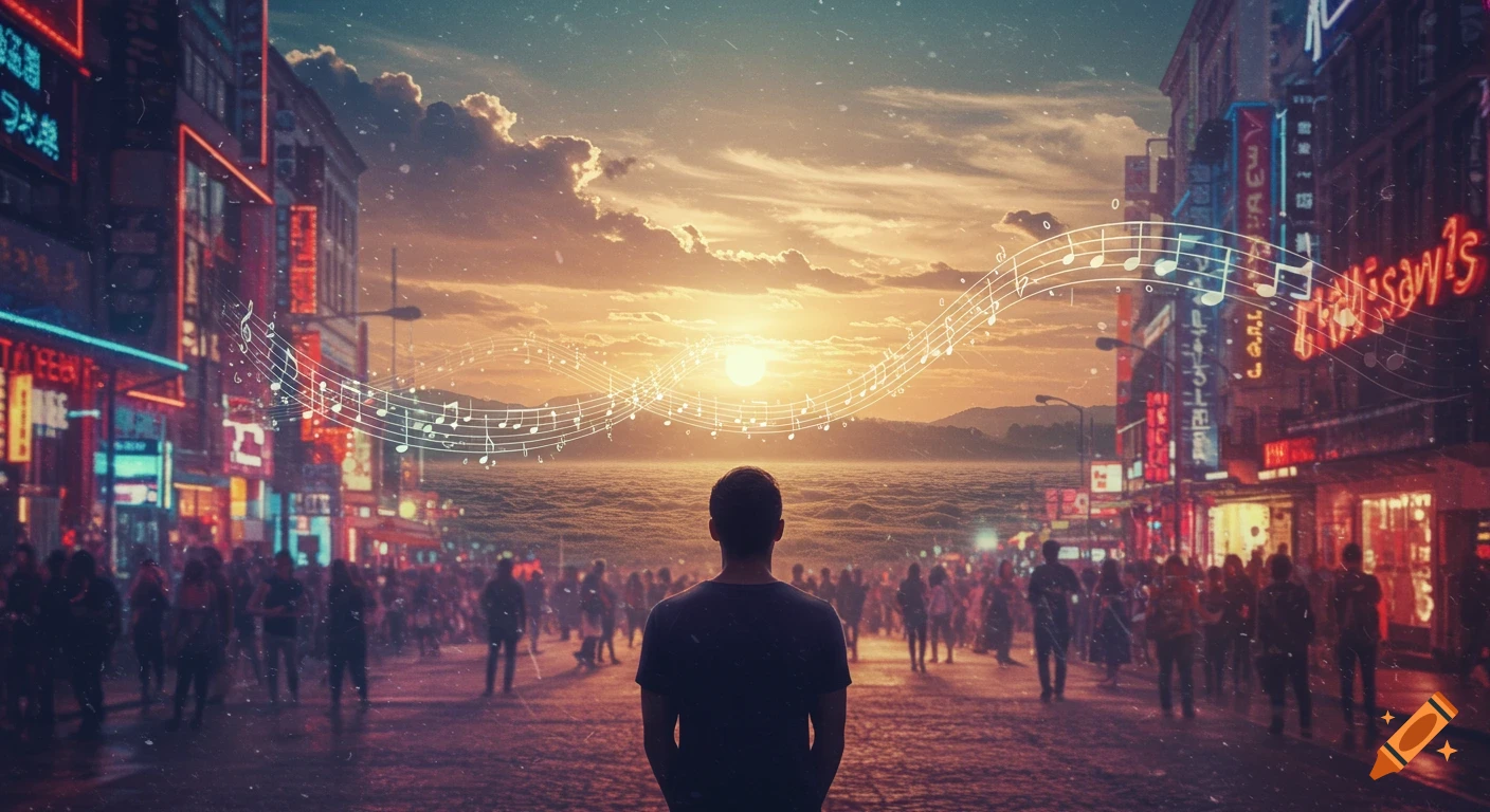 A person stands looking out at a bright sunset over a body of water, with city buildings on either side and musical notes floating above the water. A crowd of blurred figures is behind the person.