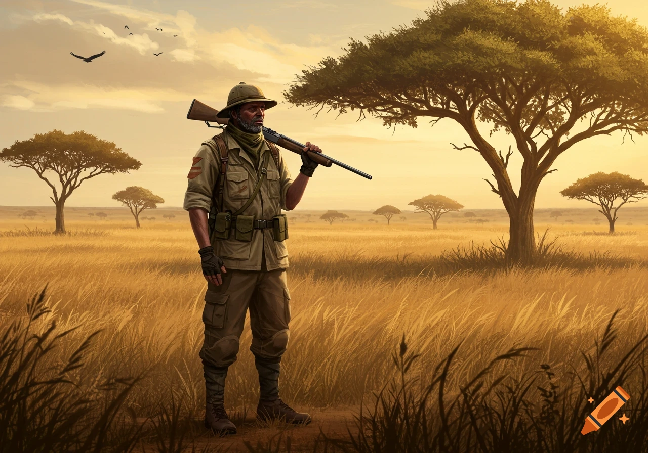 A lone hunter in safari gear stands with a rifle over his shoulder in a vast grassy savanna at sunset.