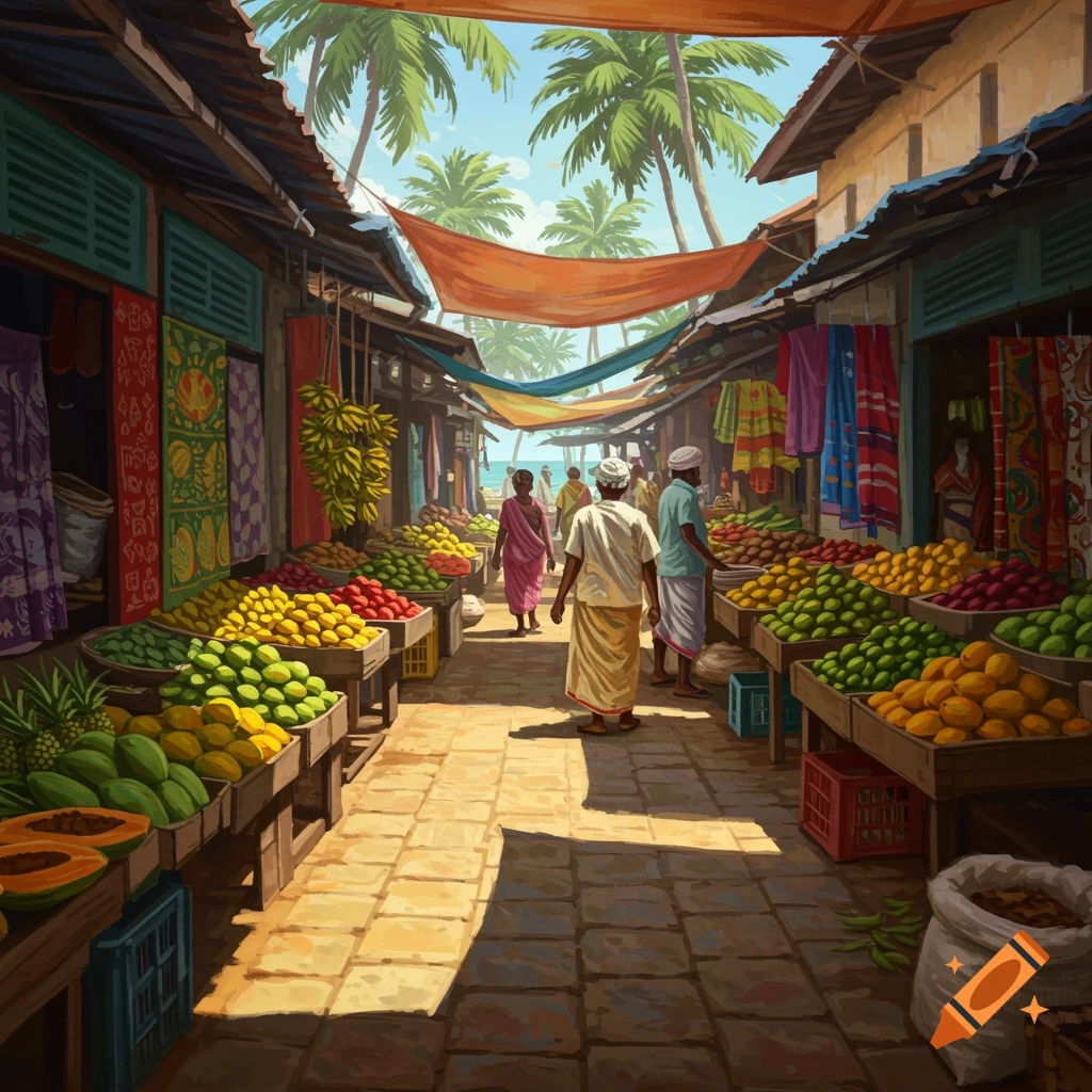 A vibrant, colorful market scene with stalls full of fresh fruits and vegetables under canopies, people walking through, and palm trees in the background.