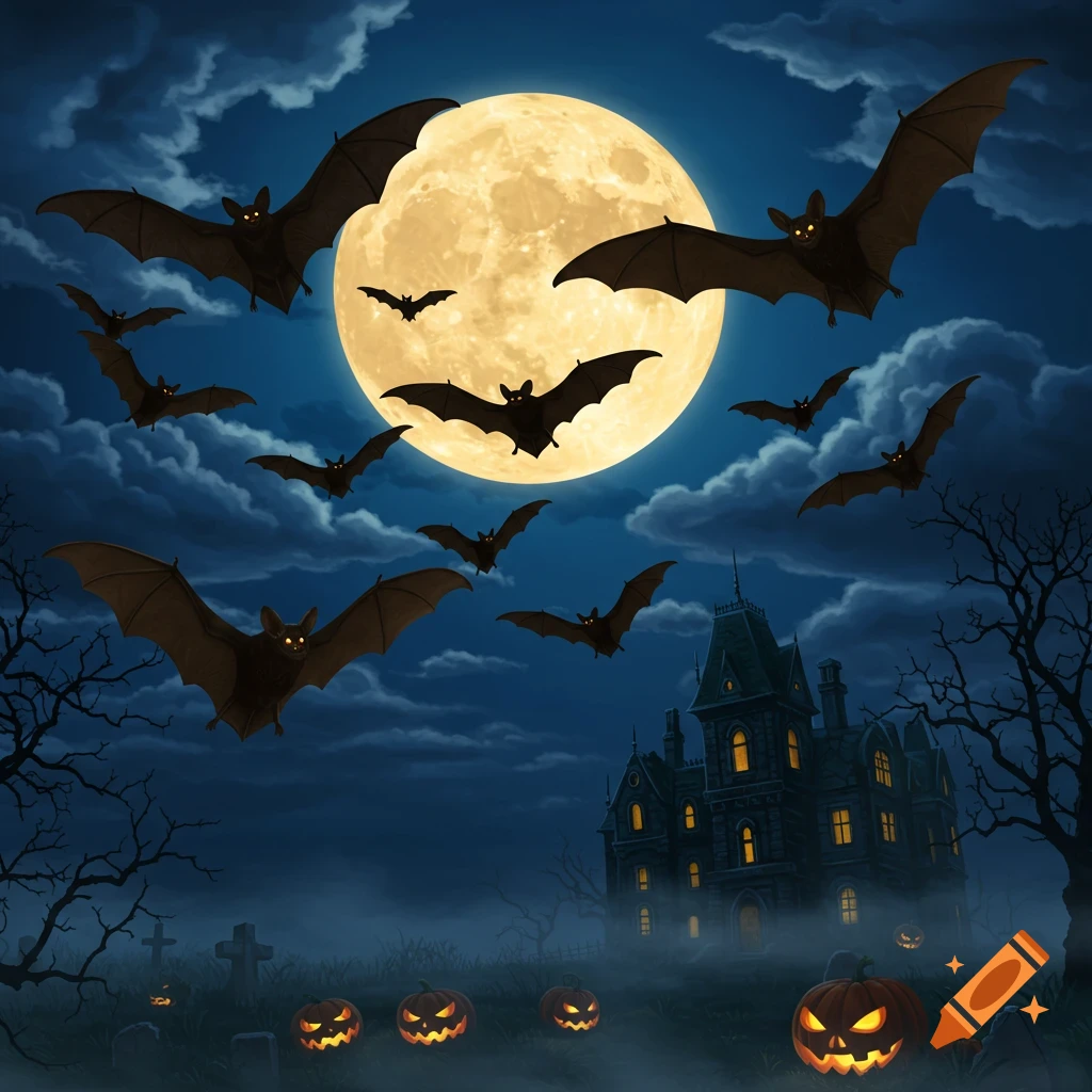 A stylized Halloween night scene with bats flying around a full moon over a haunted house, jack-o'-lanterns, and a graveyard.