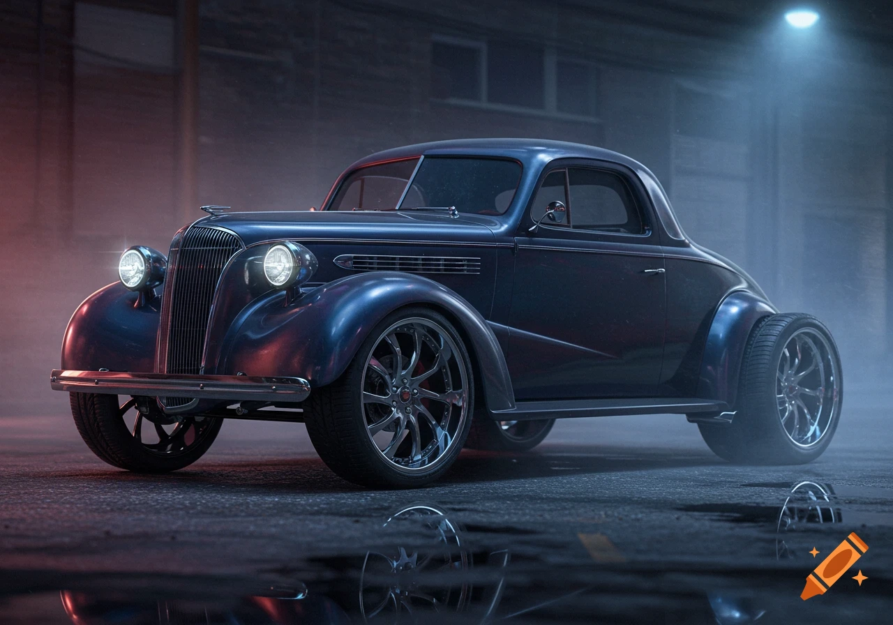 A dark blue 1939 Chevy coupe with large chrome wheels parked on a wet street at night under moody lighting.