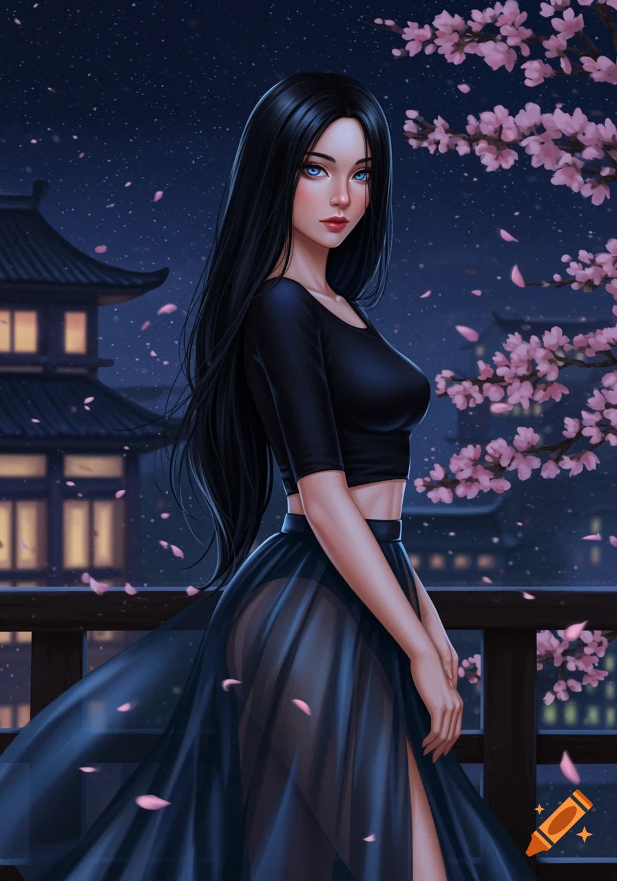 Anime woman with long black hair, blue eyes, black crop top, and sheer skirt, standing on a balcony at night with cherry blossoms and a pagoda.