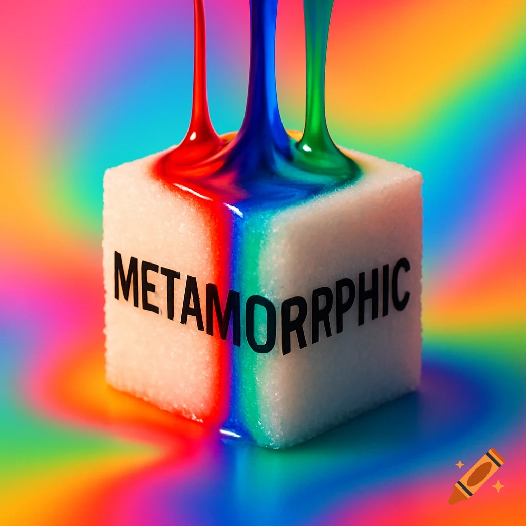 A sugar cube with red, blue, and green liquid dripping onto it, against a vibrant, swirling rainbow background. The cube reads 'METAMORRPHIC'.