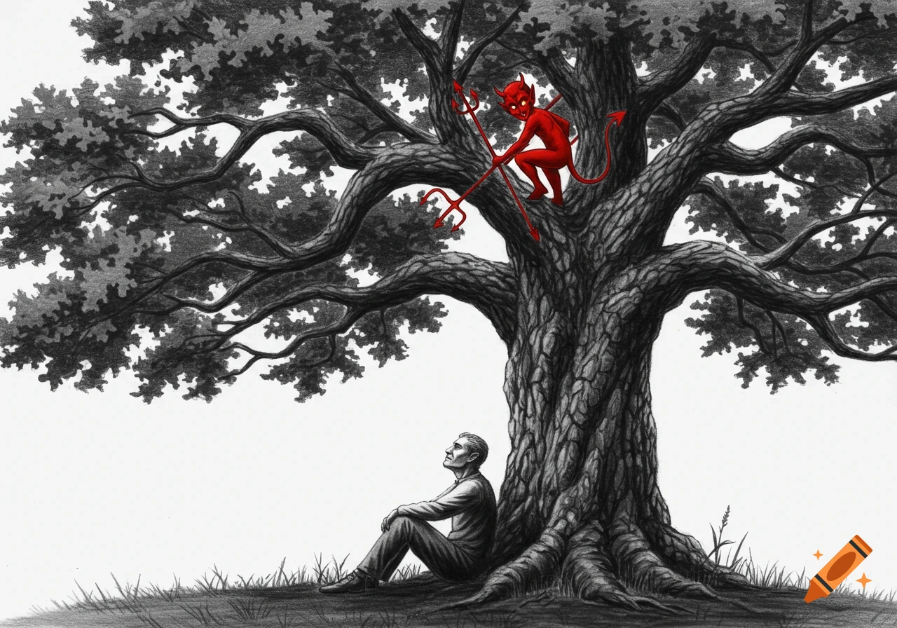 A black and white drawing of a man sitting under a large tree, looking up at a red devil perched in the branches.