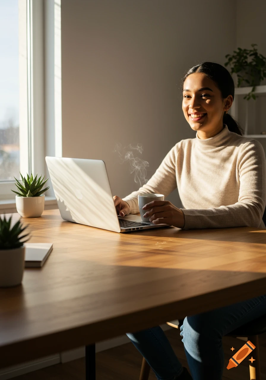 A smiling woman works on a laptop at a wooden desk with a coffee cup and plants, illuminated by warm morning light.