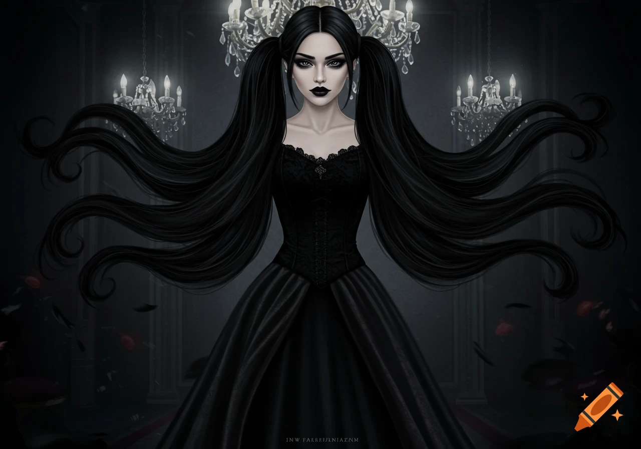 A gothic woman with long black hair in pigtails and a black dress stands in a dark, elegant room with chandeliers.