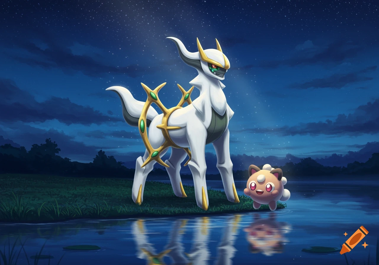 Arceus and a smaller Bidoof stand by a moonlit lake at night, surrounded by grass and trees.