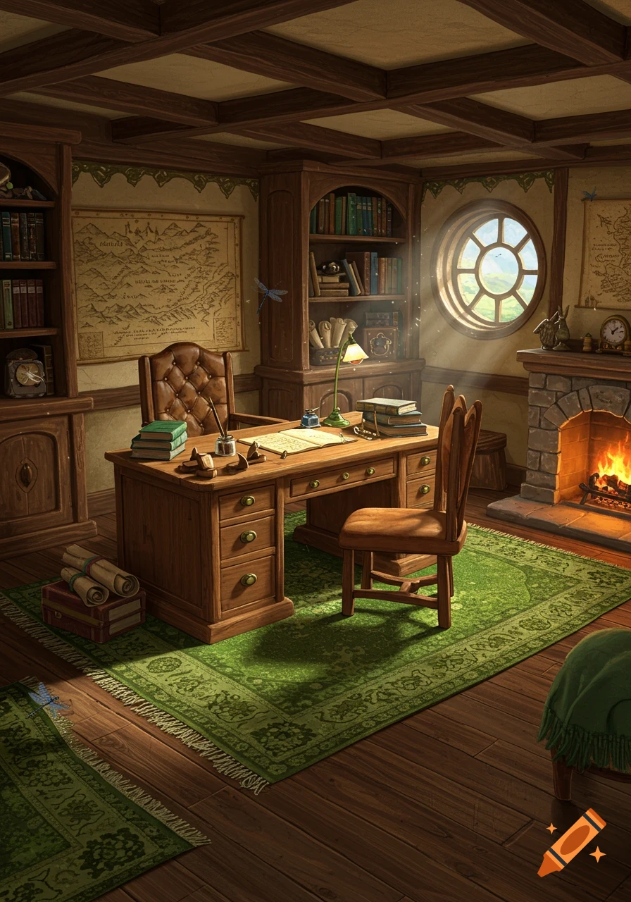 A cozy, wood-paneled hobbit-themed office or study room with a round window, a large desk, fireplace, and bookshelves.