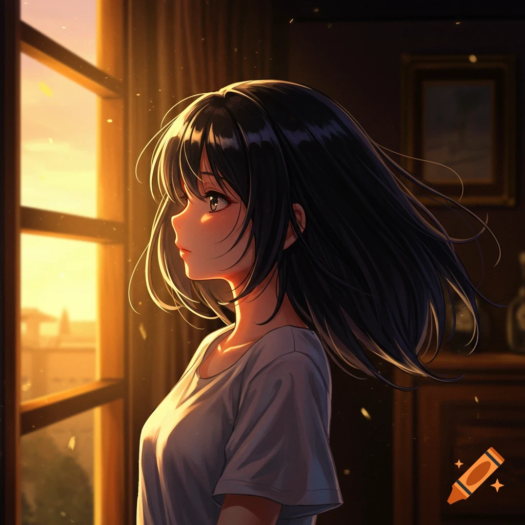 Anime girl with black hair looks out a window bathed in golden sunset light.