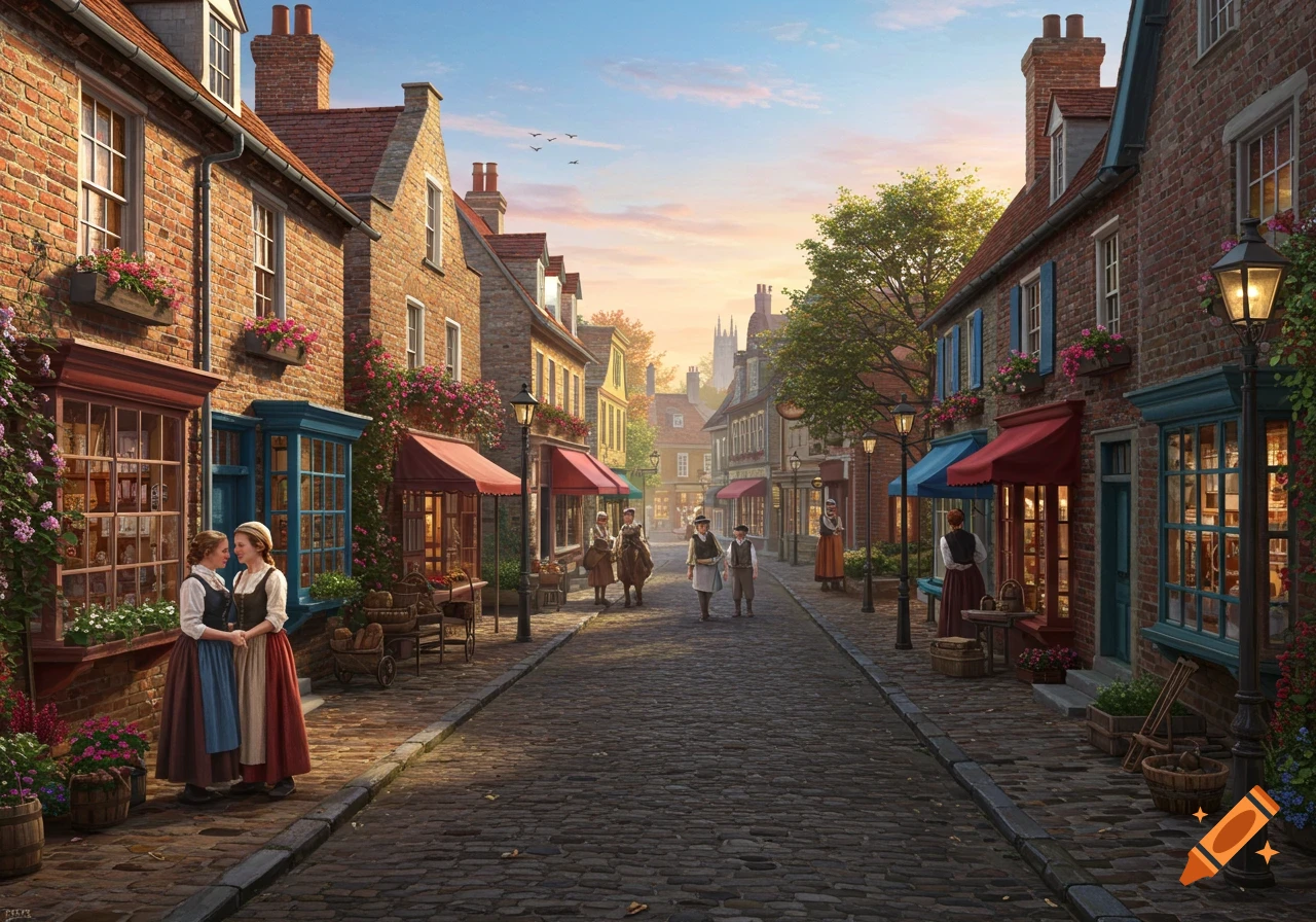 A vibrant, detailed illustration of a bustling cobblestone street in an old European town, with brick buildings, shops, and people.
