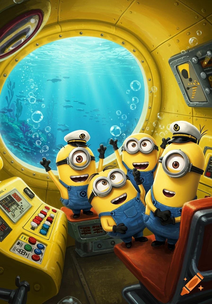 Four cheerful Minions in a yellow submarine, looking out a large porthole at an underwater scene.