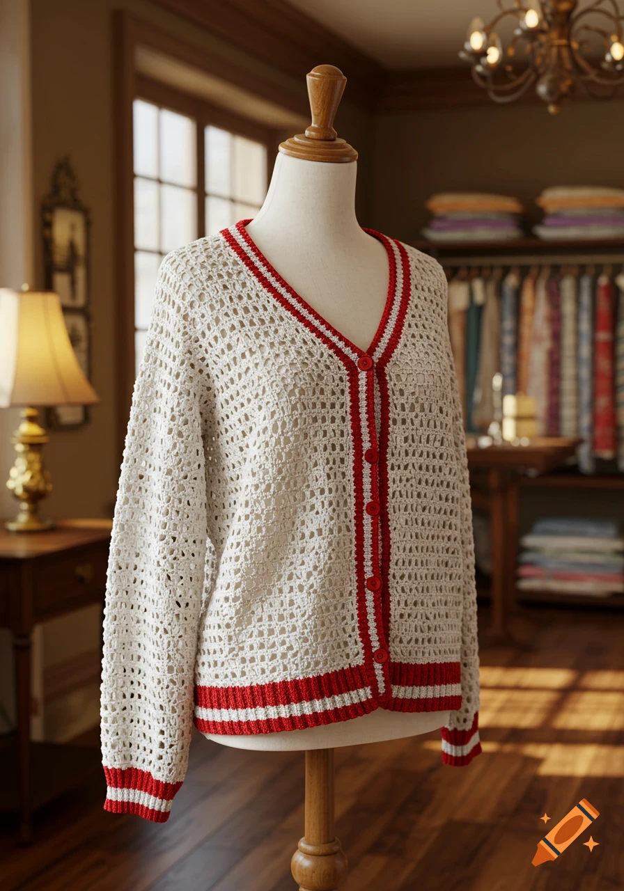 A white crochet sweater with red stripes on a mannequin in a well-lit room.