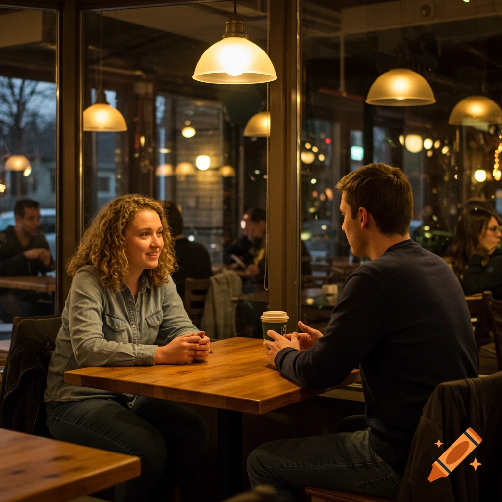 A man and woman sit at a wooden table in a coffee shop, talking. The woman smiles while the man holds a coffee cup. Photorealistic style.