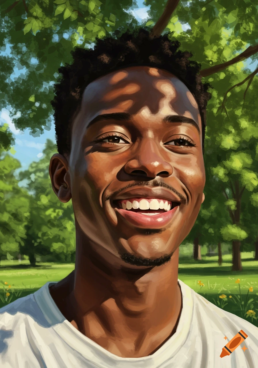 A sunlit digital painting of a happy young Black man smiling outdoors in a park with dappled light.