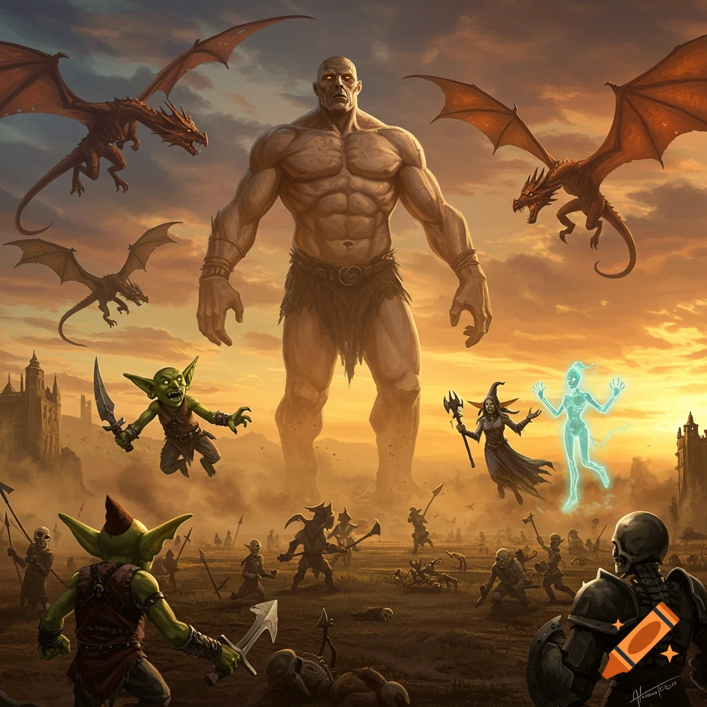 A massive giant stands amidst a fantasy battleground with dragons flying overhead, goblins, a witch, and skeleton warriors fighting below.