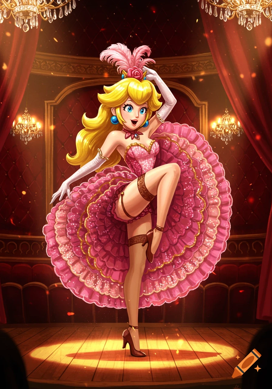 Princess Peach as a can-can dancer in a pink frilly dress, on a stage under a spotlight.