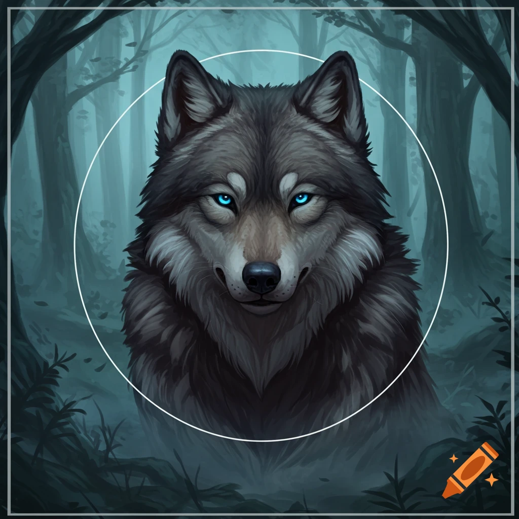 A stylized gray wolf with glowing blue eyes stares forward from a dark, misty forest background, framed by a white circle.