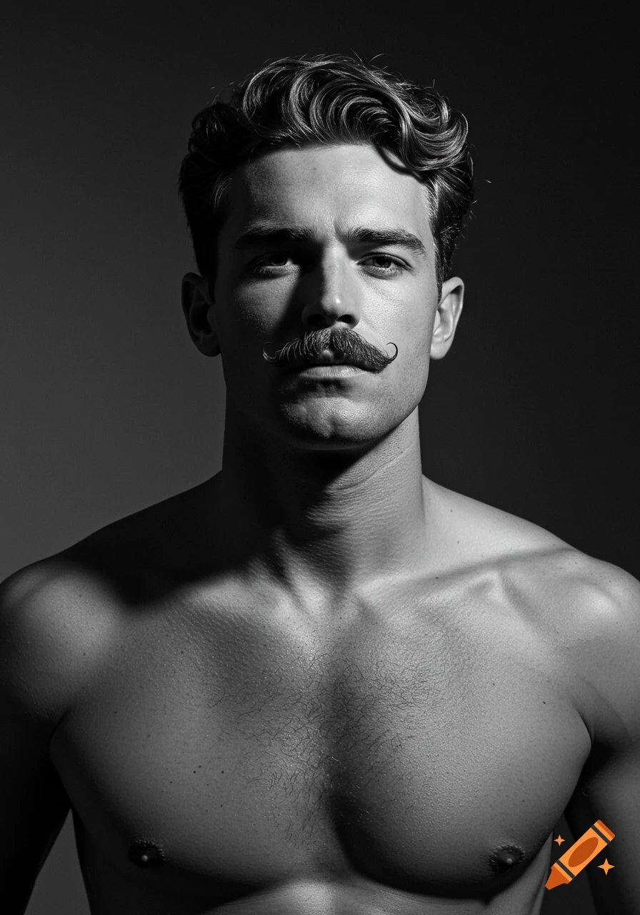 A striking black and white portrait of a shirtless man with a curly mustache and wavy hair, looking directly at the viewer.