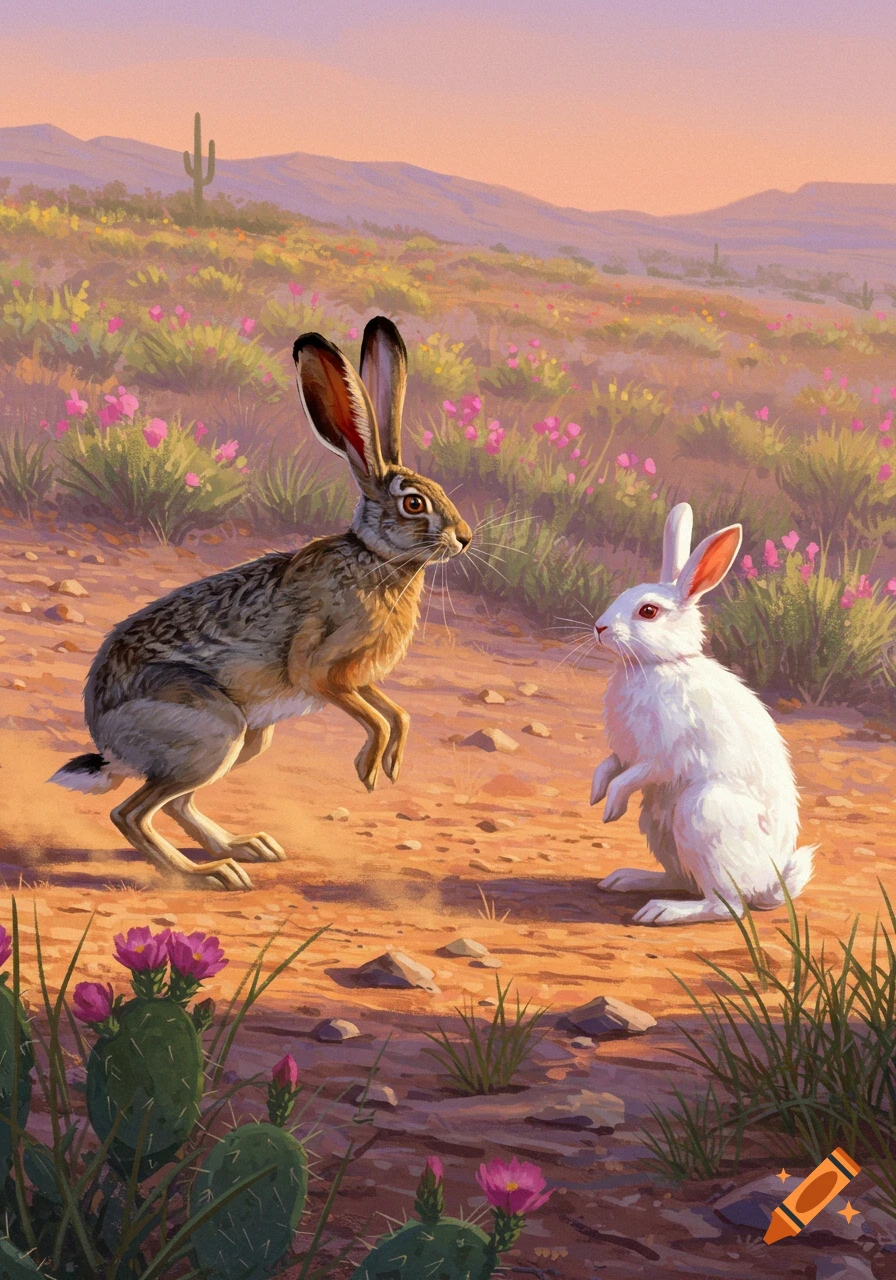 A jackrabbit and a white bunny face off in a colorful desert landscape with cacti, flowers, and mountains at sunset, in a painterly style.