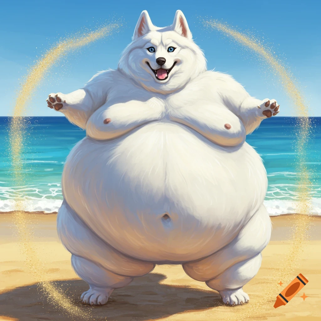 An extremely obese white husky with blue eyes stands on a sandy beach, holding its arms out as if playing with golden sand.