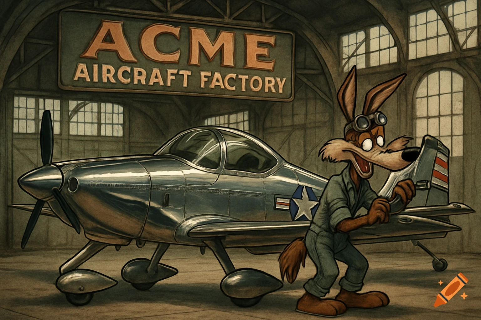 Wile E. Coyote works on a polished metal aircraft in a vintage hangar under an 'ACME Aircraft Factory' sign in a cartoon style.