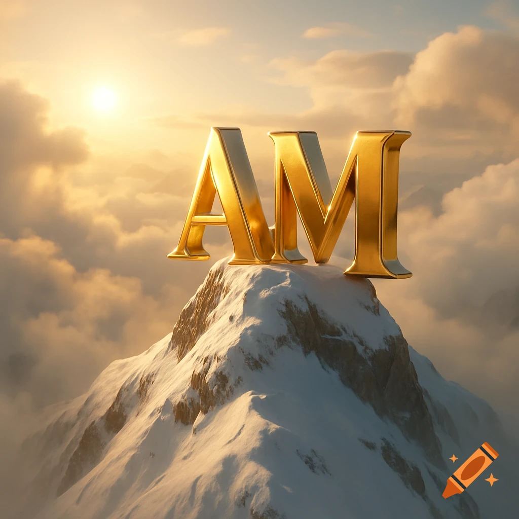 Golden letters 'AM' stand majestically on a snowy mountain peak at sunrise, surrounded by clouds.